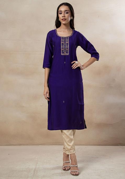 Purple Zardozi Hand Embroidered Straight Kurta