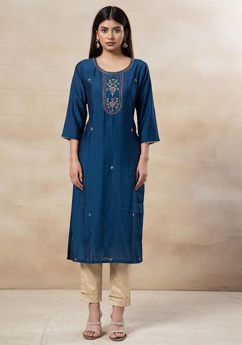 Blue Zardozi Hand Embroidered Straight Kurta