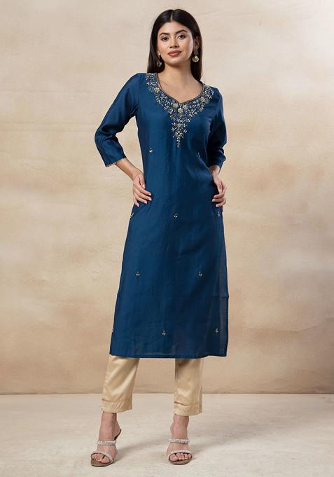 Teal Blue Floral Embroidered Straight Kurta