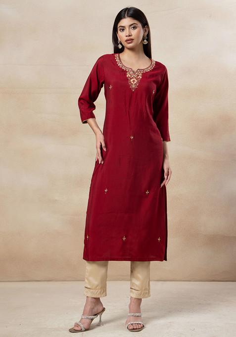 Maroon Floral Embroidered Straight Kurta