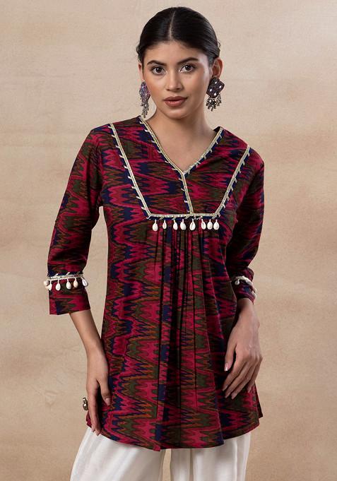 Multicolour Ikat Print Cotton Short Kurta