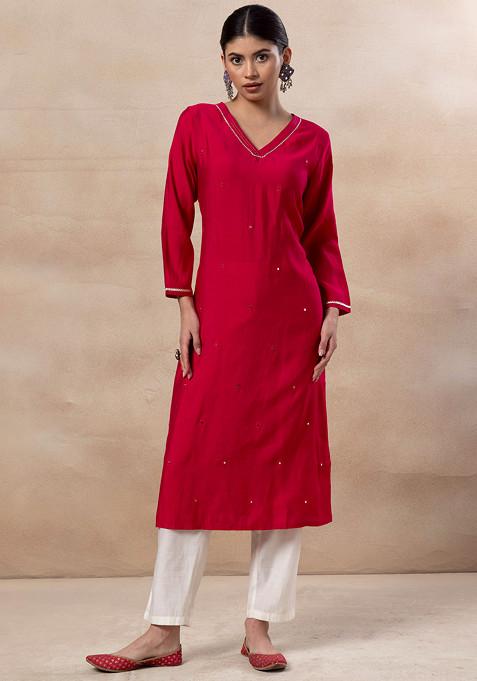 Fuchsia Pink Hand Embroidered Straight Kurta