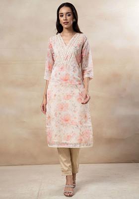 Peach Floral Print Thread Embroidered Organza Kurta