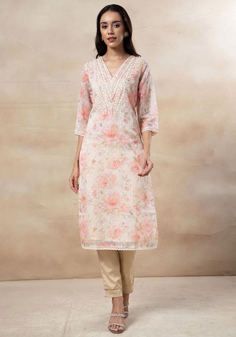 Peach Floral Print Thread Embroidered Organza Kurta