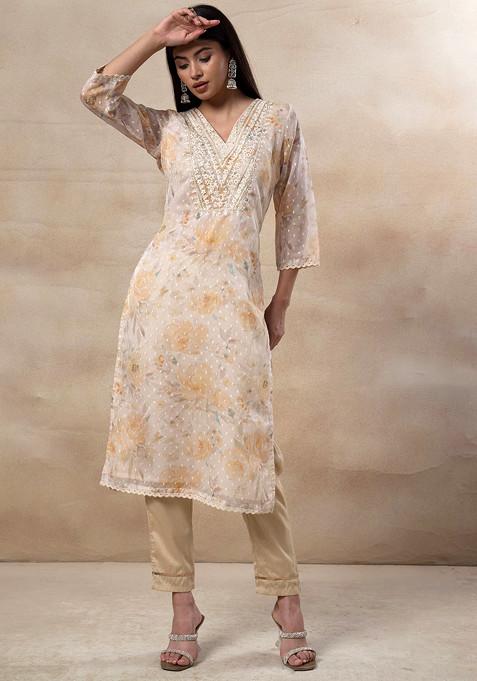 Light Brown Floral Print Embroidered Organza Kurta