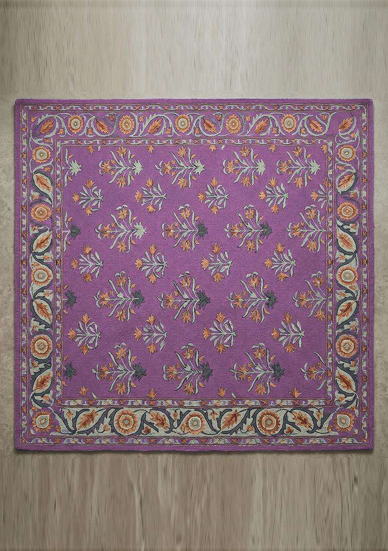 Saffron Rugs Hand Tufted Mauve Purple Floral Oriental Square Wool Area Rug - Indya