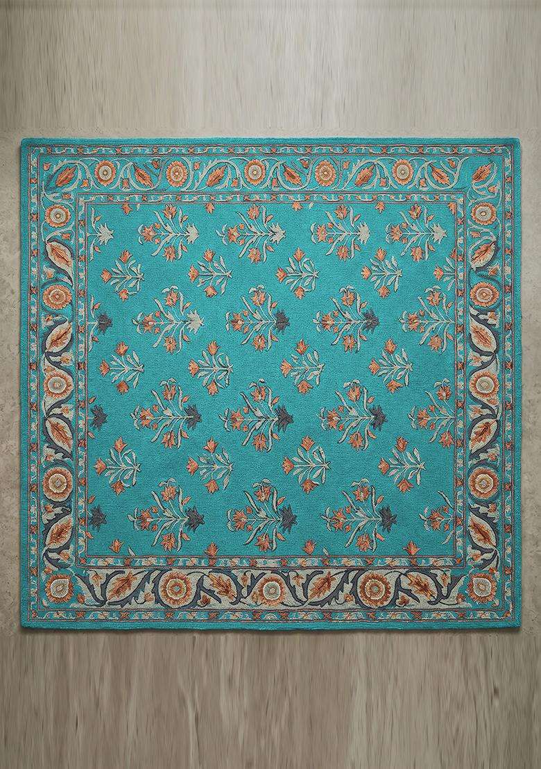 Saffron Rugs Hand Tufted Turquoise Blue Floral Oriental Square Wool Area Rug - Indya