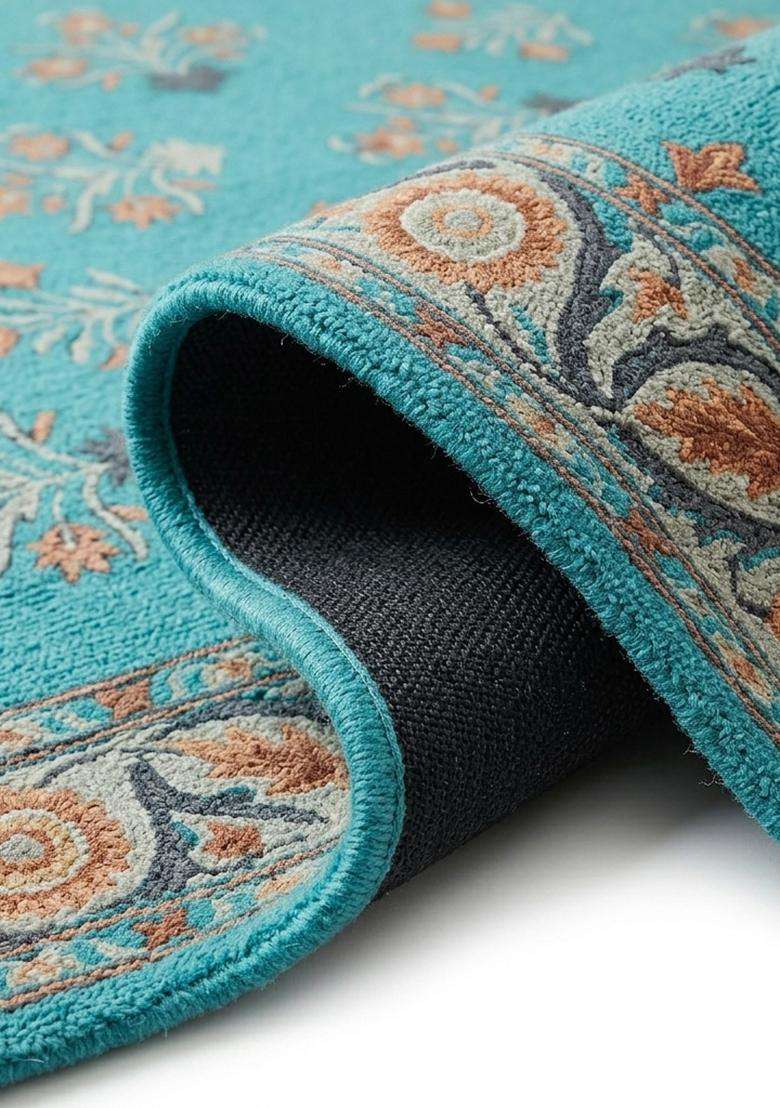 Saffron Rugs Hand Tufted Turquoise Blue Floral Oriental Square Wool Area Rug - Indya