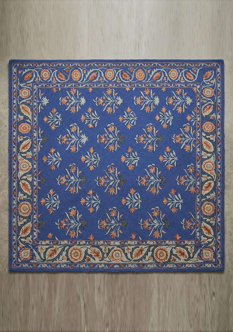 Saffron Rugs Hand Tufted Royal Blue Floral Oriental Square Wool Area Rug - Indya