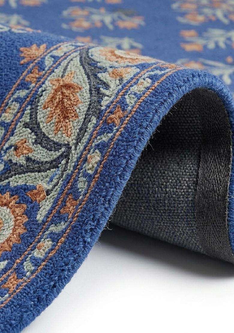 Saffron Rugs Hand Tufted Royal Blue Floral Oriental Square Wool Area Rug - Indya