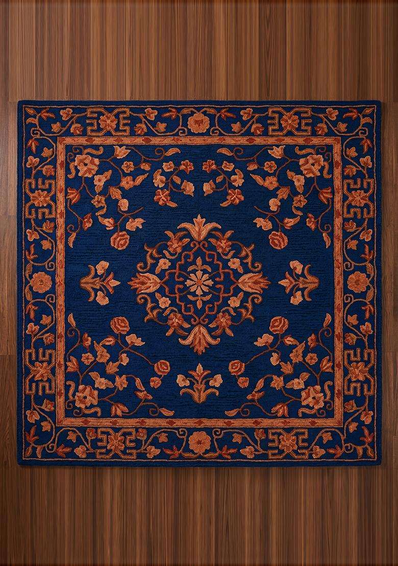 Saffron Rugs Hand Tufted Prussian Blue Floral Oriental Square Wool Area Rug - Indya