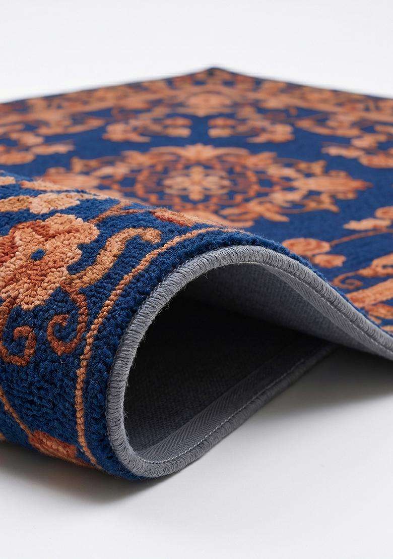 Saffron Rugs Hand Tufted Prussian Blue Floral Oriental Square Wool Area Rug - Indya