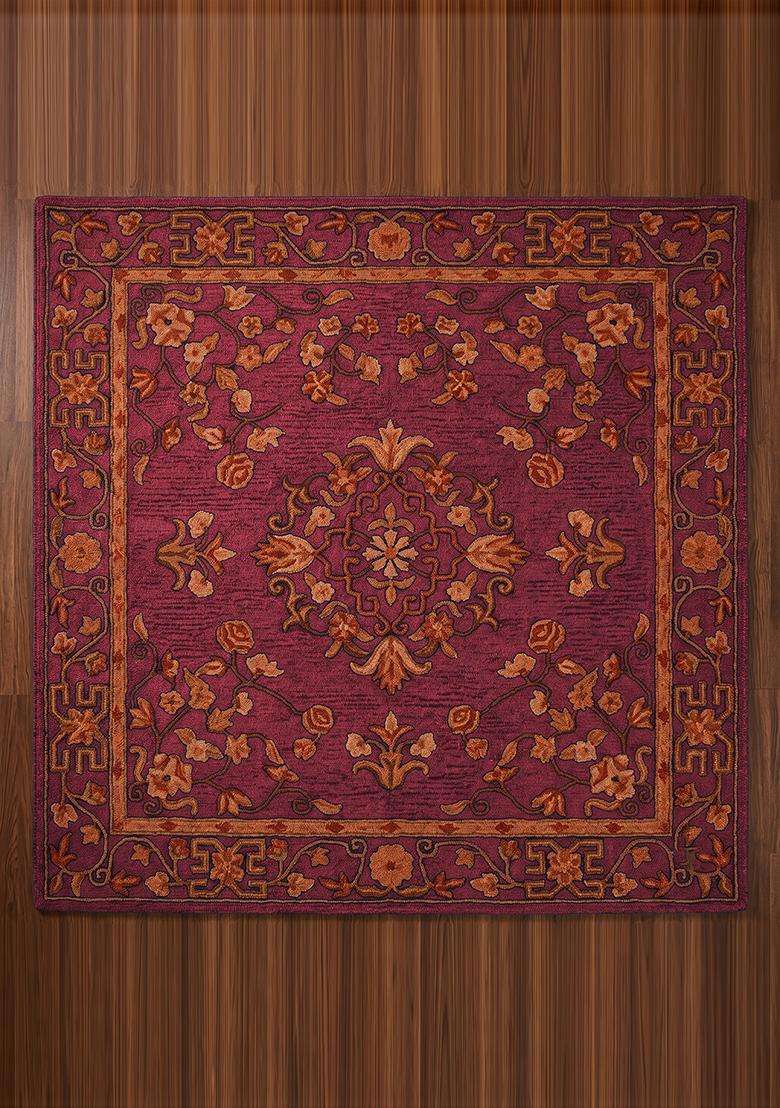 Saffron Rugs Hand Tufted Magenta Wine Floral Oriental Square Wool Area Rug - Indya