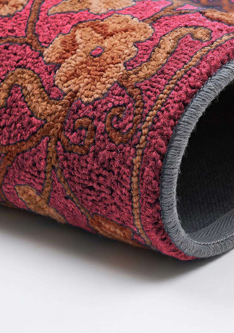 Saffron Rugs Hand Tufted Magenta Wine Floral Oriental Square Wool Area Rug - Indya