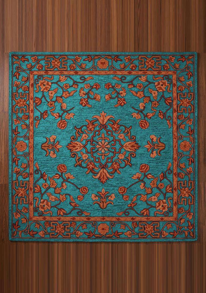 Saffron Rugs Hand Tufted Turquoise Blue Floral Oriental Square Wool Area Rug - Indya