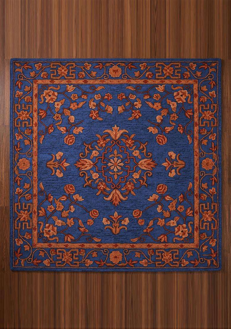 Saffron Rugs Hand Tufted Royal Blue Floral Oriental Square Wool Area Rug - Indya