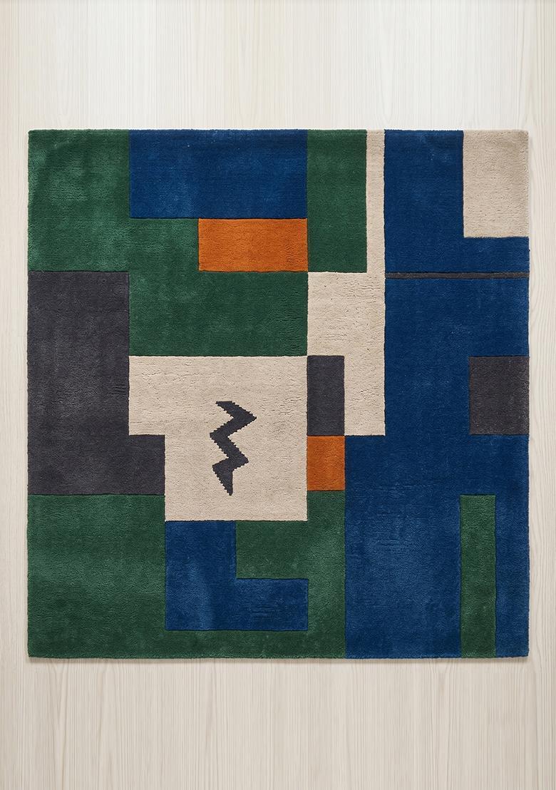 Saffron Rugs Hand Tufted Prussian Blue Geometric Contemporary Square Wool Area Rug - Indya
