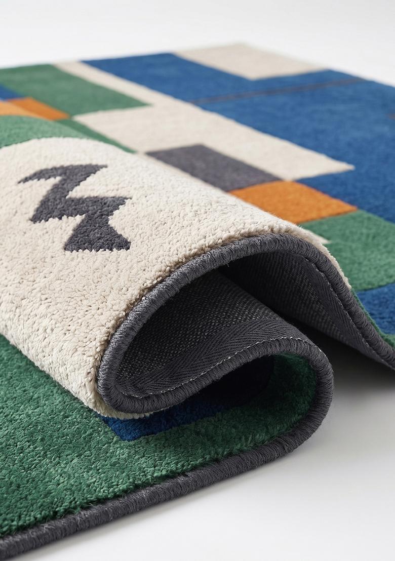 Saffron Rugs Hand Tufted Prussian Blue Geometric Contemporary Square Wool Area Rug - Indya