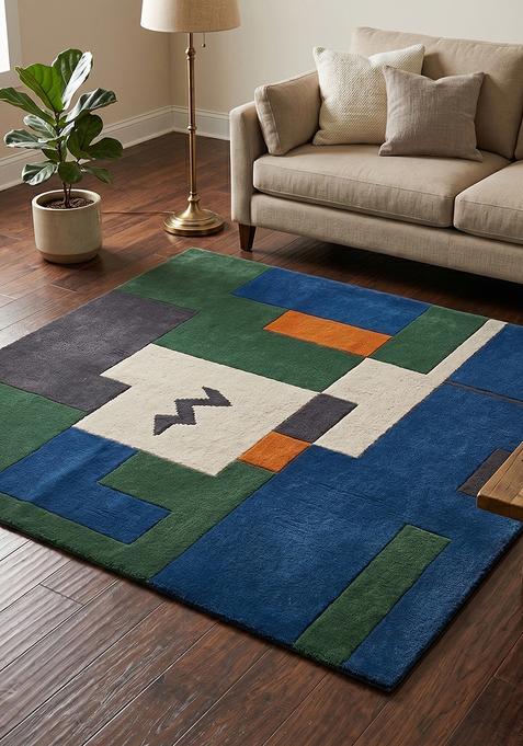 Saffron Rugs Hand Tufted Prussian Blue Geometric Contemporary Square Wool Area Rug