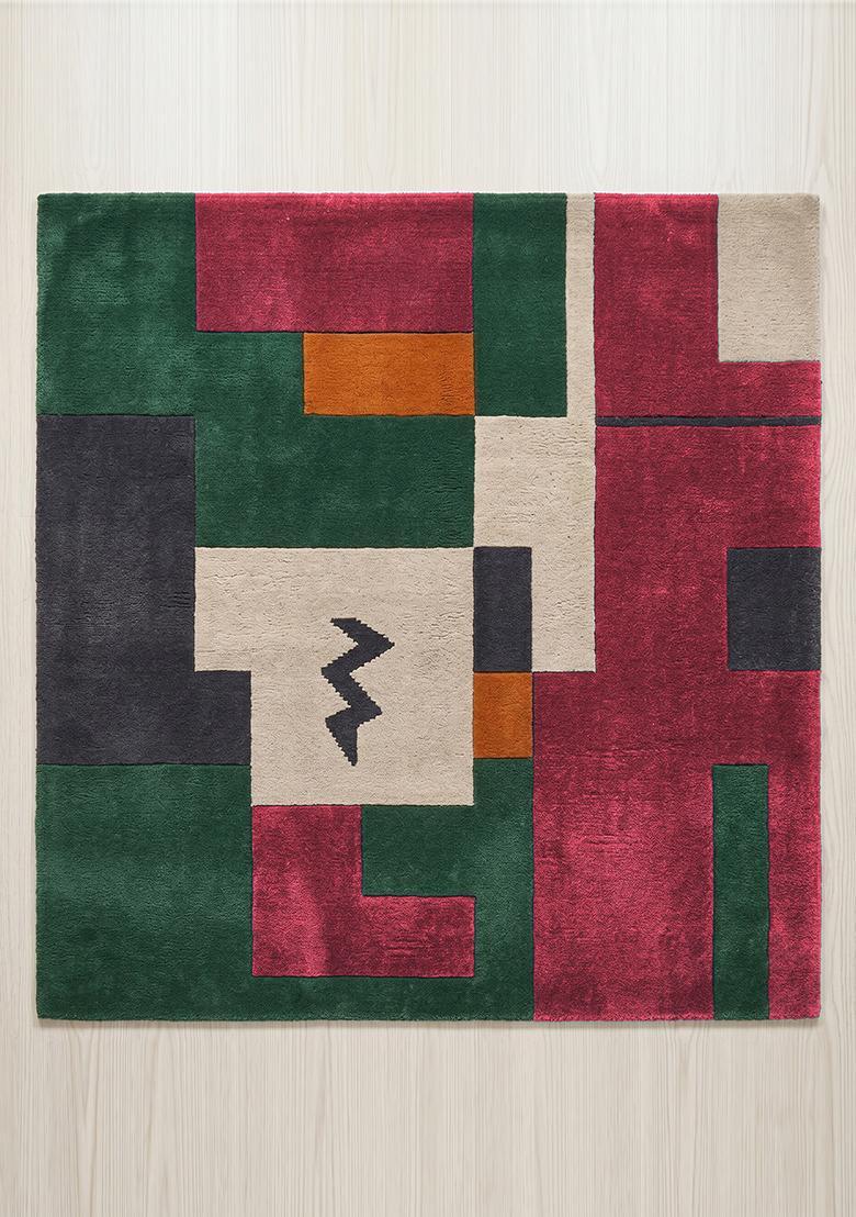 Saffron Rugs Hand Tufted Red Geometric Contemporary Square Wool Area Rug - Indya