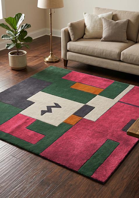 Saffron Rugs Hand Tufted Red Geometric Contemporary Square Wool Area Rug