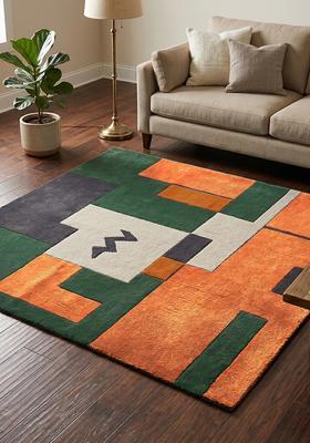 Saffron Rugs Hand Tufted Burnt Orange Geometric Contemporary Square Wool Area Rug
