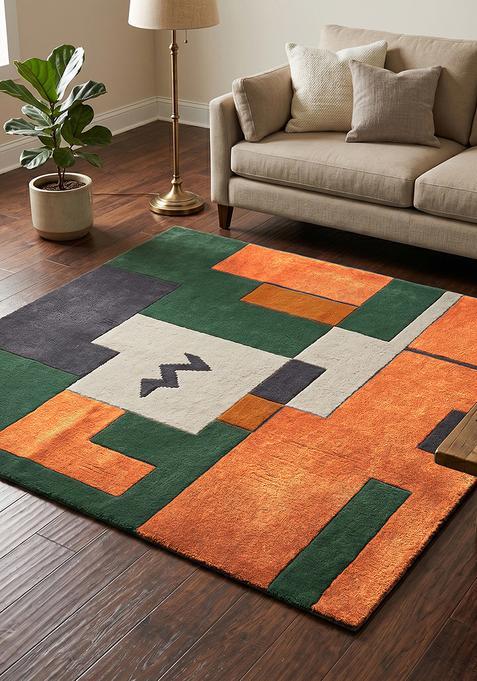 Saffron Rugs Hand Tufted Burnt Orange Geometric Contemporary Square Wool Area Rug