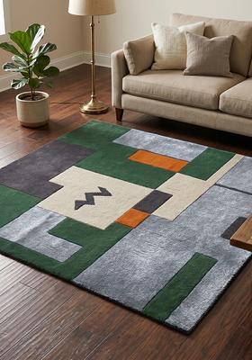 Saffron Rugs Hand Tufted Grey Geometric Contemporary Square Wool Area Rug