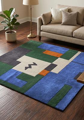 Saffron Rugs Hand Tufted Royal Blue Geometric Contemporary Square Wool Area Rug