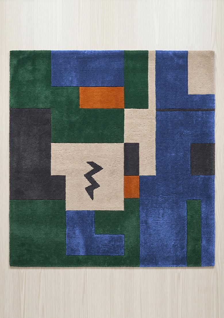 Saffron Rugs Hand Tufted Royal Blue Geometric Contemporary Square Wool Area Rug - Indya