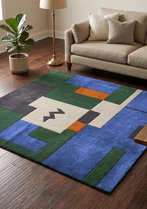 Saffron Rugs Hand Tufted Royal Blue Geometric Contemporary Square Wool Area Rug