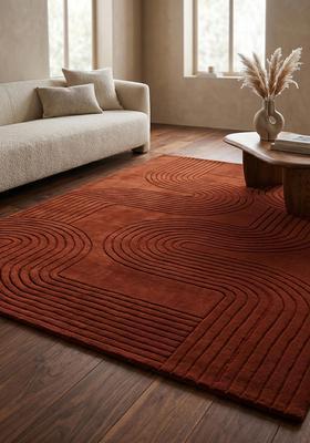 Saffron Rugs Hand Tufted Rust Brown Swirls Mid-Century Modern Rectangular Wool Area Rug