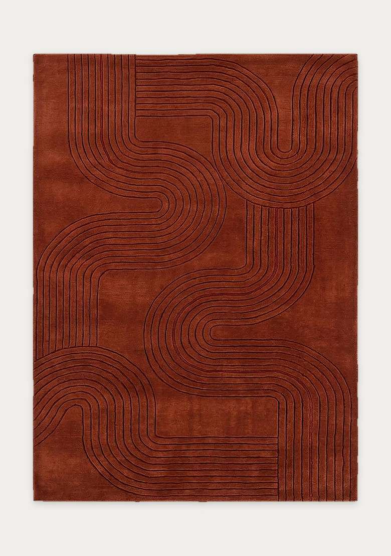100% Wool Handmade Rust Brown Rug | Mid Century Modern Swirls Carpet With Cotton Backing For Living Room | Bedroom - Indya