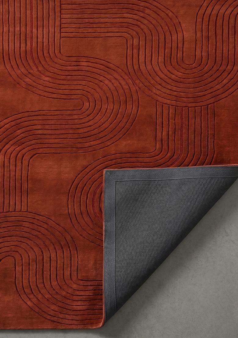 100% Wool Handmade Rust Brown Rug | Mid Century Modern Swirls Carpet With Cotton Backing For Living Room | Bedroom - Indya