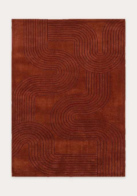 100% Wool Handmade Rust Brown Rug | Mid Century Modern Swirls Carpet With Cotton Backing For Living Room | Bedroom