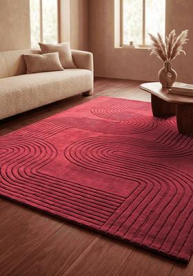 Saffron Rugs Hand Tufted Wine Red Swirls Mid-Century Modern Rectangular Wool Area Rug
