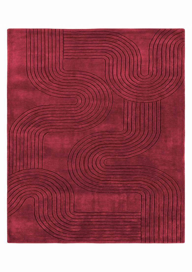 Saffron Rugs Hand Tufted Wine Red Swirls Mid-Century Modern Rectangular Wool Area Rug - Indya