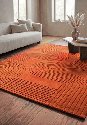 Saffron Rugs Hand Tufted Burnt Orange Swirls Mid-Century Modern Rectangular Wool Area Rug