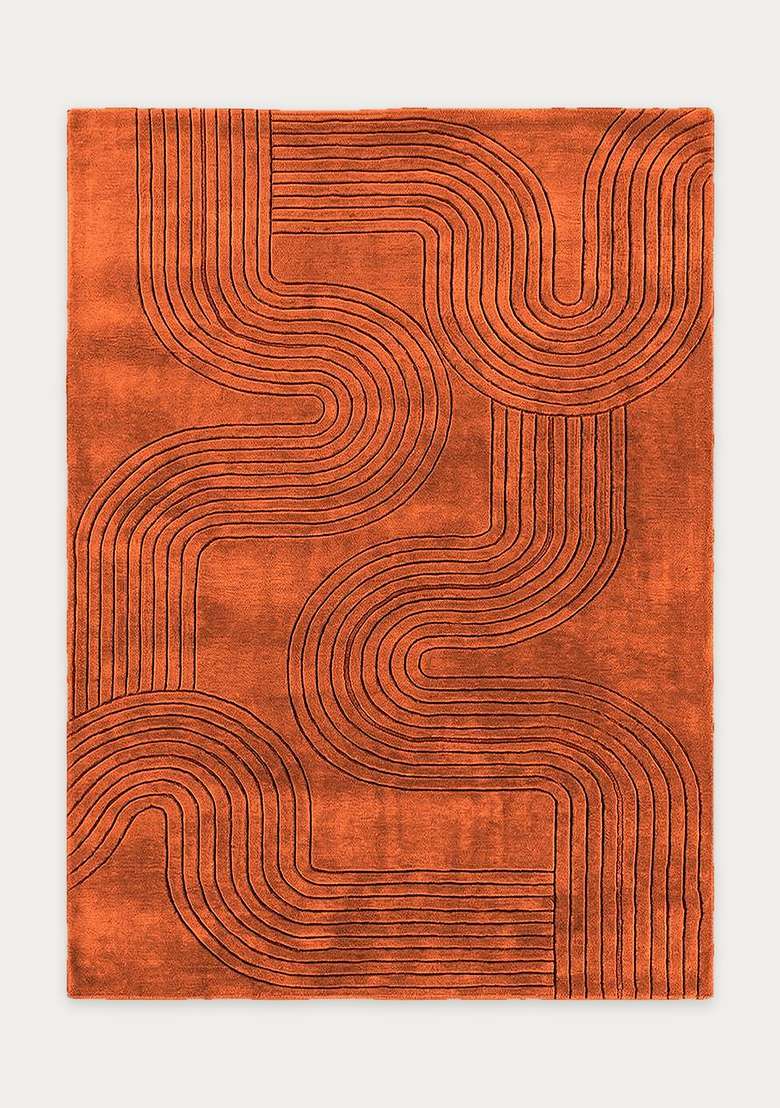 100% Wool Handmade Burnt Orange Rug | Mid Century Modern Swirls Carpet With Cotton Backing For Living Room | Bedroom - Indya