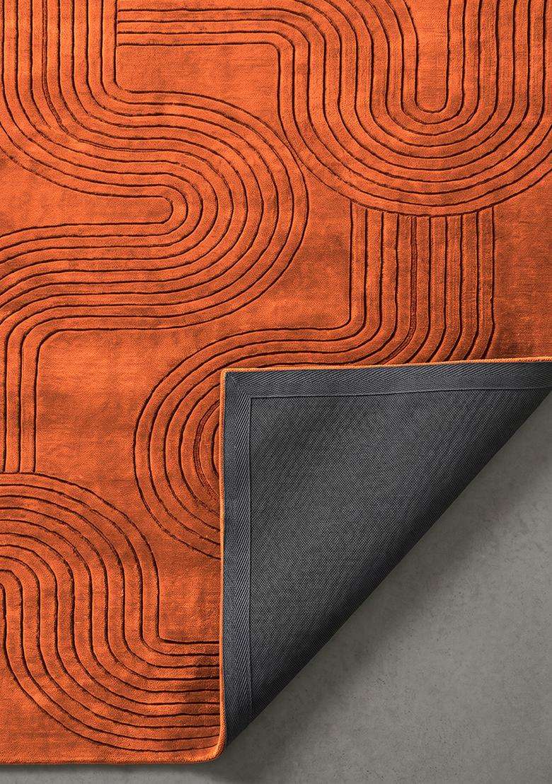 100% Wool Handmade Burnt Orange Rug | Mid Century Modern Swirls Carpet With Cotton Backing For Living Room | Bedroom - Indya