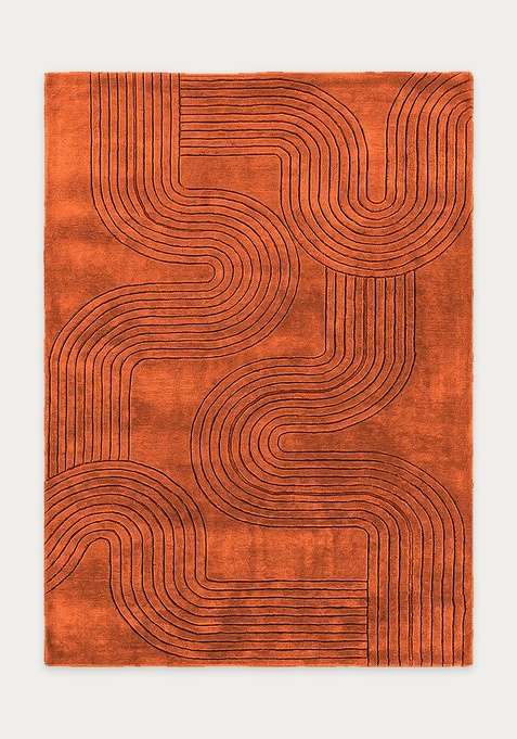 100% Wool Handmade Burnt Orange Rug | Mid Century Modern Swirls Carpet With Cotton Backing For Living Room | Bedroom