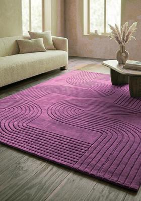 Saffron Rugs Hand Tufted Amethyst Purple Swirls Mid-Century Modern Rectangular Wool Area Rug