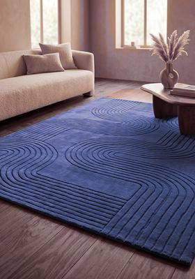 Saffron Rugs Hand Tufted Royal Blue Swirls Mid-Century Modern Rectangular Wool Area Rug