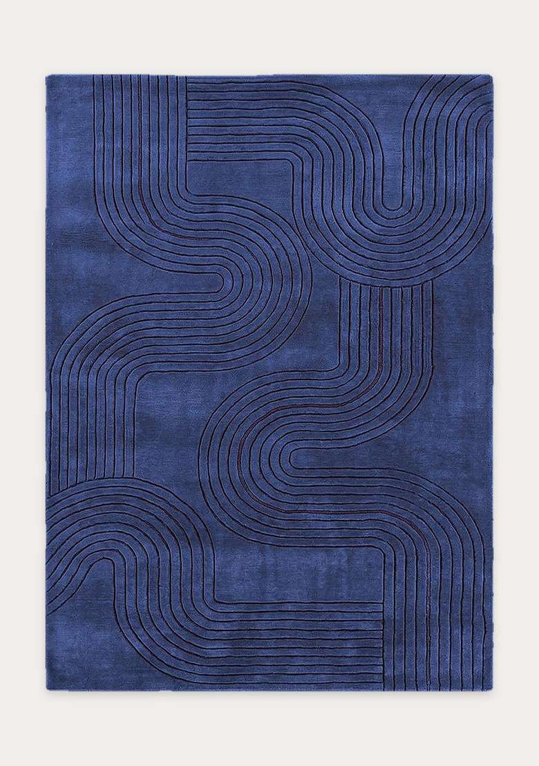 100% Wool Handmade Royal Blue Rug | Mid Century Modern Swirls Carpet With Cotton Backing For Living Room | Bedroom - Indya