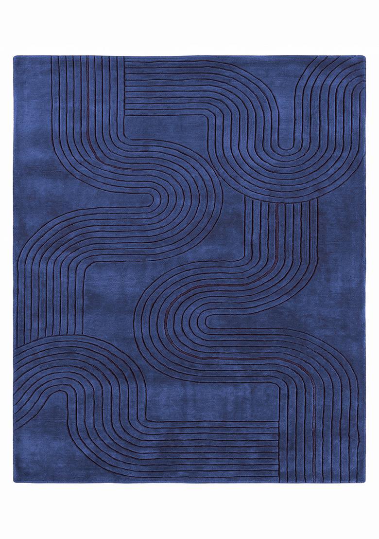 Saffron Rugs Hand Tufted Royal Blue Swirls Mid-Century Modern Rectangular Wool Area Rug - Indya