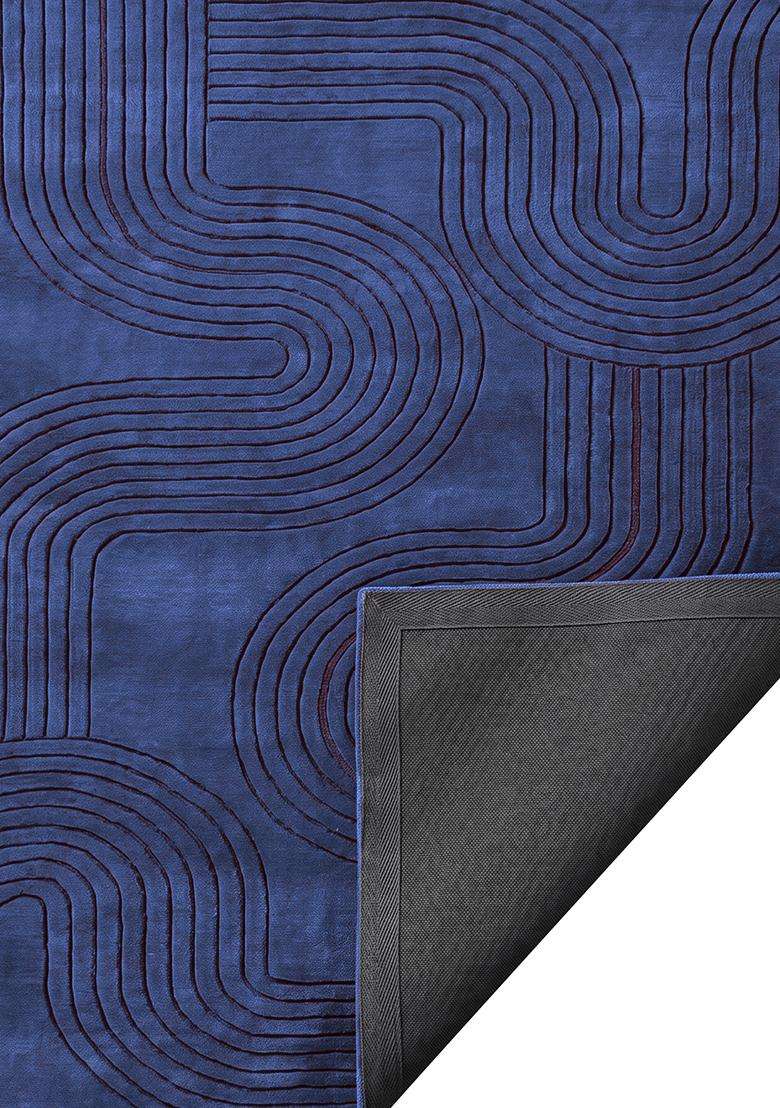 100% Wool Handmade Royal Blue Rug | Mid Century Modern Swirls Carpet With Cotton Backing For Living Room | Bedroom - Indya