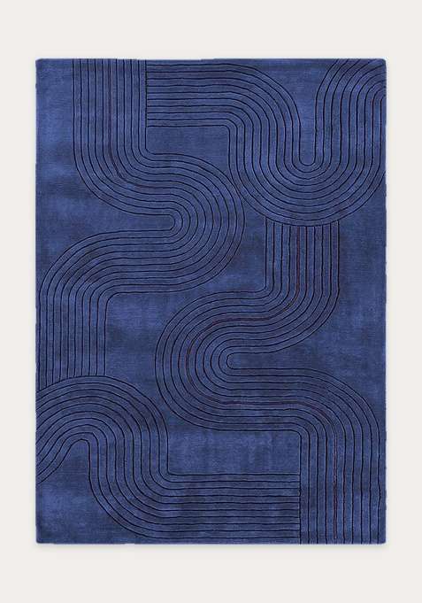 100% Wool Handmade Royal Blue Rug | Mid Century Modern Swirls Carpet With Cotton Backing For Living Room | Bedroom