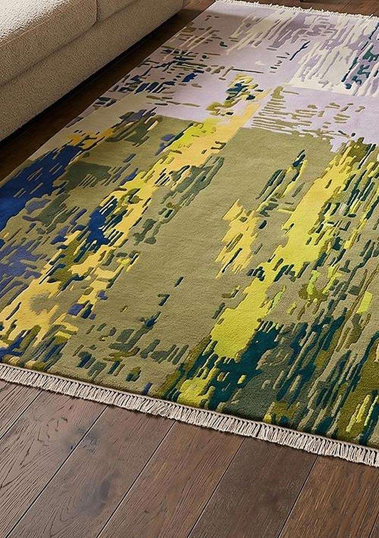 Saffron Rugs Hand-Tufted 100% Wool Area Rug | Olive Green Rectangular Rug | Cotton Backing | Contemporary Moire Home Decor Carpet for Living Room Bedroom - Indya