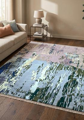 Saffron Rugs Hand Tufted Pastel Blue Moire Contemporary Rectangular Wool Area Rug