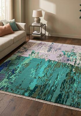 Saffron Rugs Hand Tufted Teal Blue Moire Contemporary Rectangular Wool Area Rug